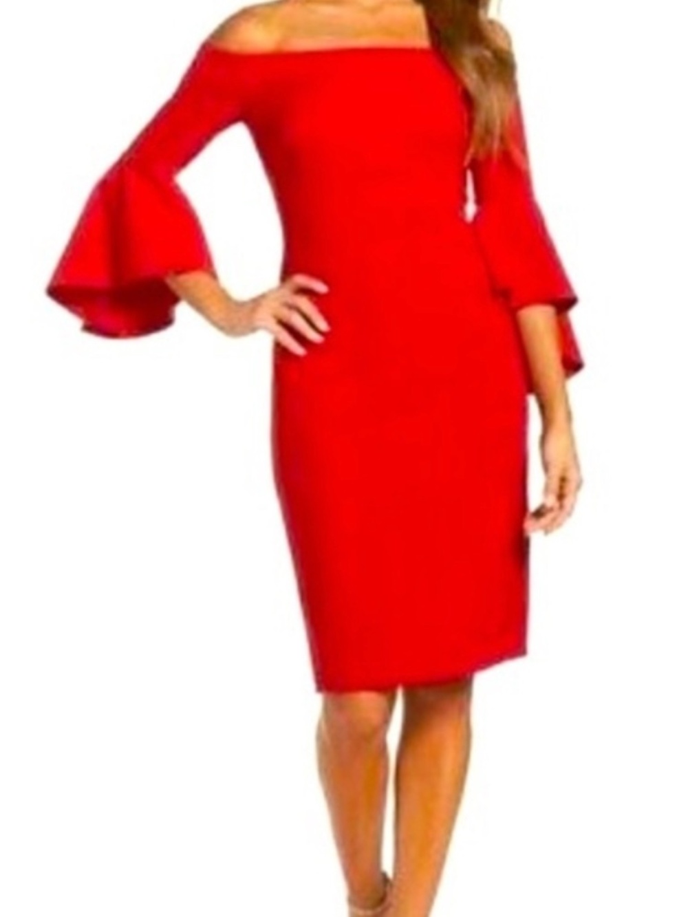 Red Flutter Sleeve Midi Cocktail Dress